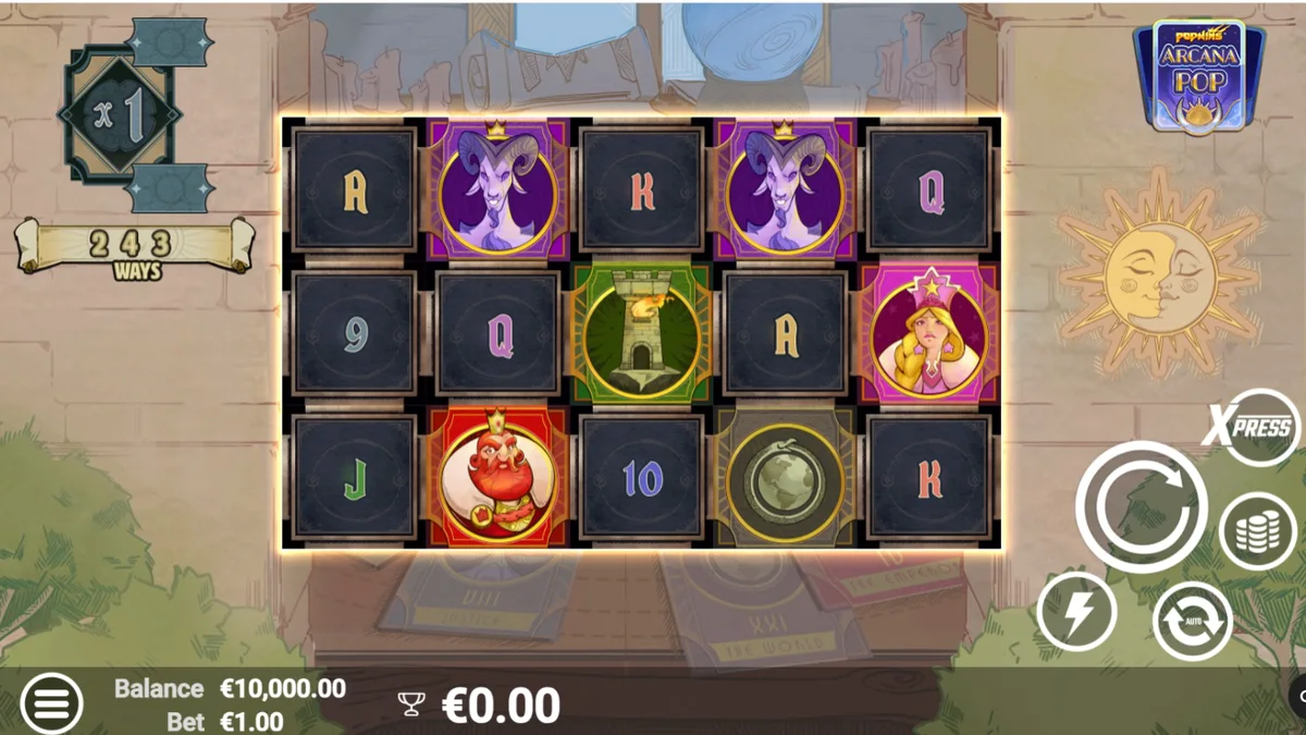 Tampilan visual slot Arcana Pop dengan simbol kartu tarot dan elemen mistis